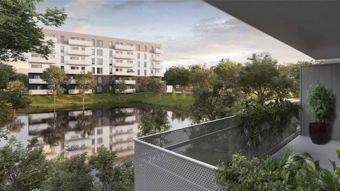 mieszkania gliwice widok z balkony z roslinami na jeziorko i osiedle mieszkania gliwice widok z balkony z roslinami na jeziorko i osiedle