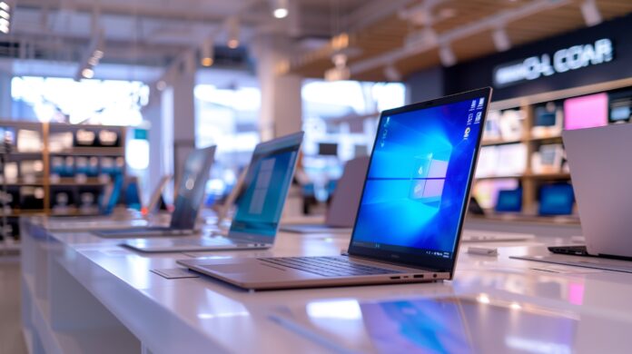 Modern laptop computers displayed in a tech store showroom